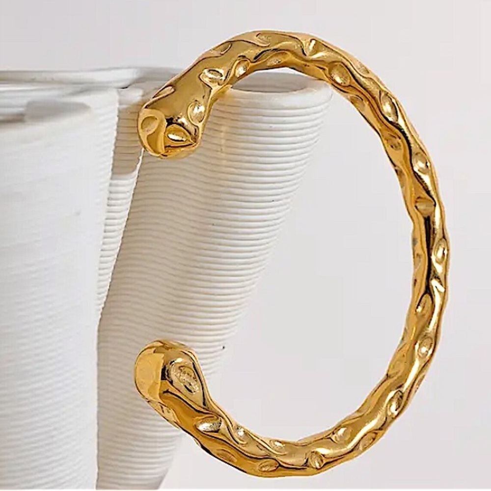 Stainless Steel Irregular Contour Bracelet Bangle Cuff Hammered Gold Plated - Picture 9 of 13